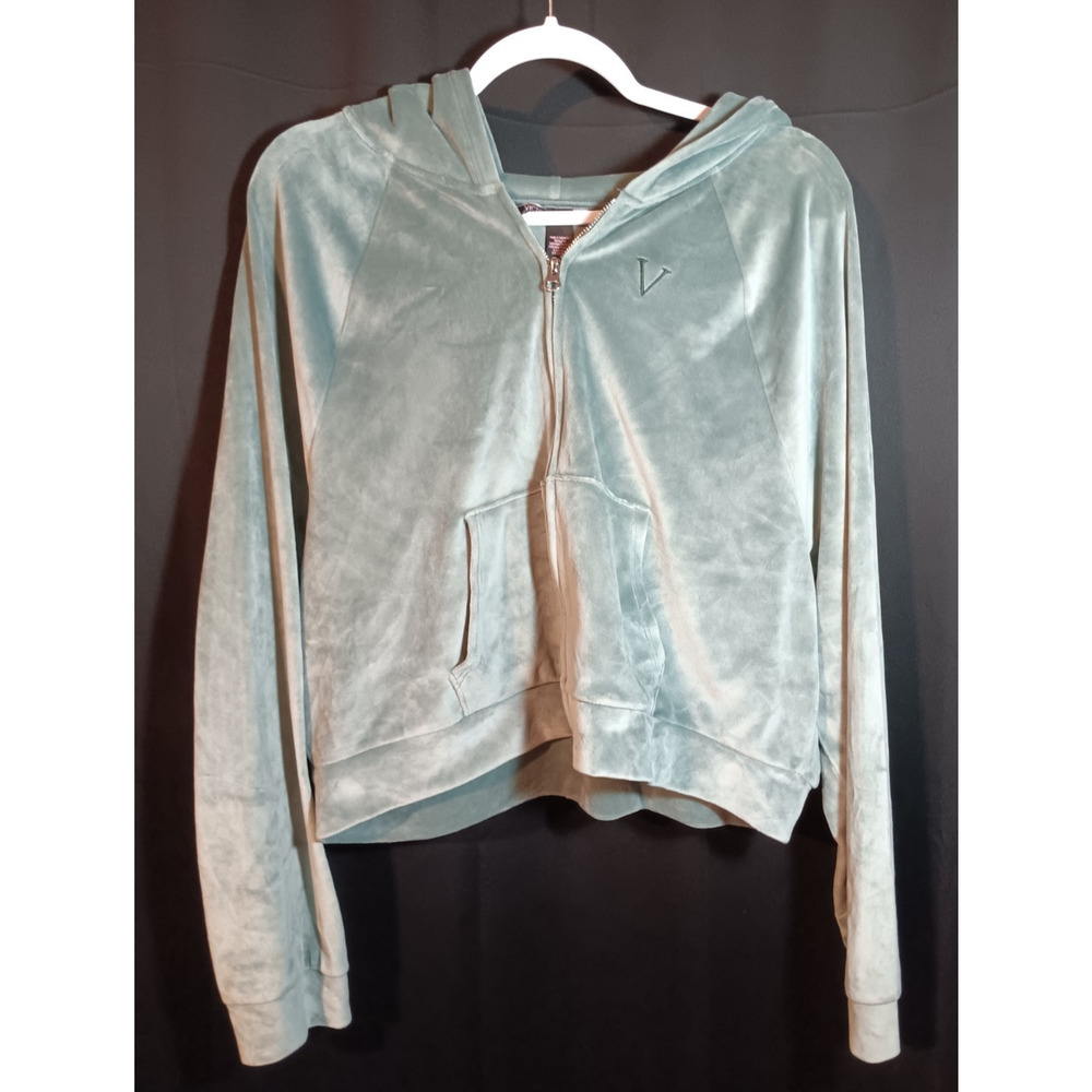 Victoria’s Secret Hoodie Jacket L Sage Green Velour Velvet Zip Front V Logo
